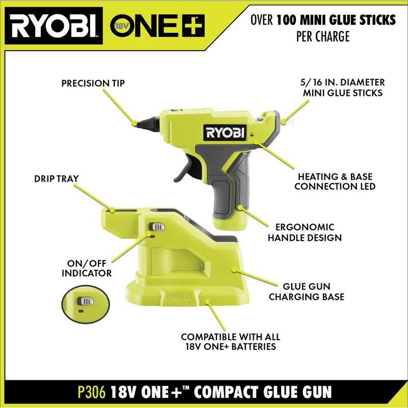 RYOBI ONE+ 18V Juego de Combo Compacto Inalámbrico de 3 Herramientas con Pistola de Pegamento, Luz de Área, Altavoz Bluetooth (Solo Herramientas) - P306-P796B-PAD02B