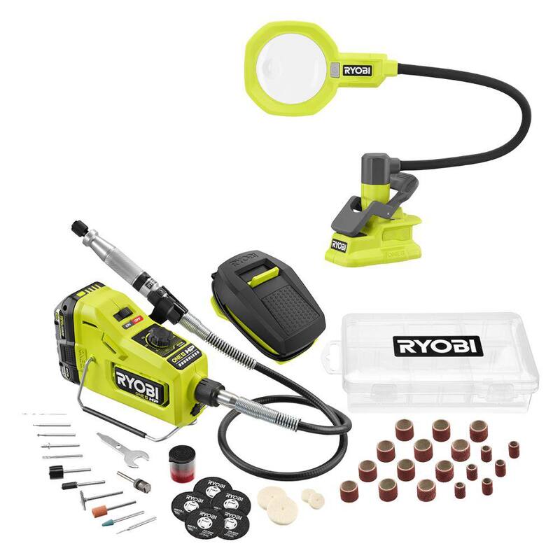 RYOBI ONE+ 18V Juego de Combo Inalámbrico de 2 Herramientas con Herramienta Rotativa Brushless ONE+ HP, Luz de Abrazadera con Aumento Inalámbrica, Batería y Cargador - PBLRT01K1-PCL664B