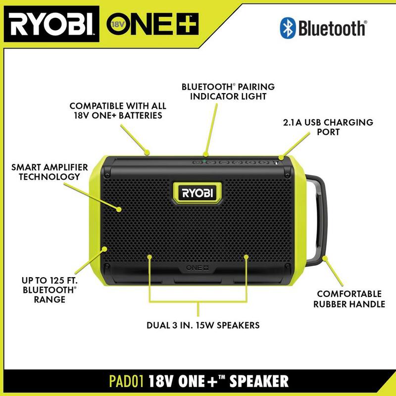 RYOBI ONE+ 18V Kit de Combo Inalámbrico de 2 Herramientas con Altavoz Bluetooth e Inversor de Energía de 150 Watts (Herramientas solamente) - PAD01B-RYi150BG