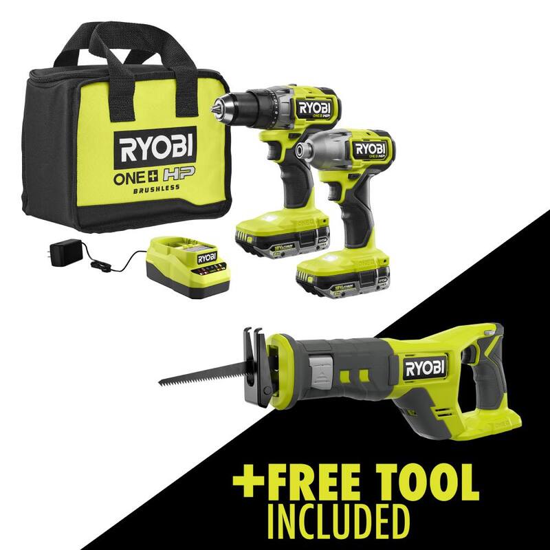 RYOBI ONE+ HP 18V Kit inalámbrico sin escobillas de 2 herramientas con (2) baterías de 2.0 Ah, cargador, bolsa y sierra recíproca inalámbrica GRATIS - PBLCK01K-PCL515B