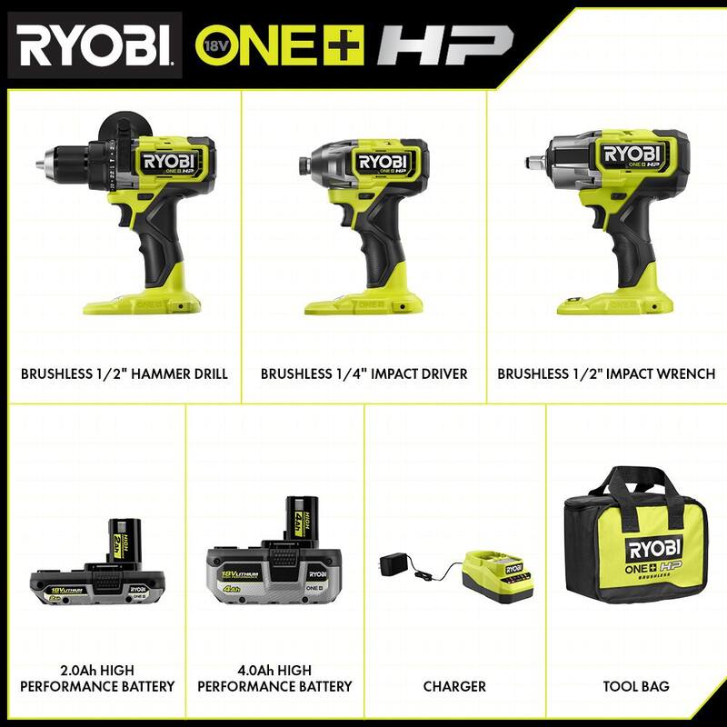 RYOBI ONE+ HP 18V Brushless Cordless 3-Tool Combo Kit con Taladro de Martillo, Atornillador de Impacto, Llave de Impacto, Baterías, Cargador y Bolsa - PBLCK02K-P262