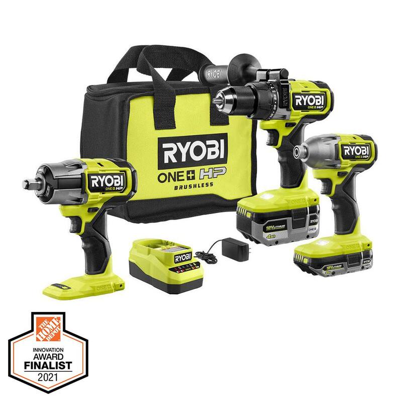 RYOBI ONE+ HP 18V Brushless Cordless 3-Tool Combo Kit con Taladro de Martillo, Atornillador de Impacto, Llave de Impacto, Baterías, Cargador y Bolsa - PBLCK02K-P262