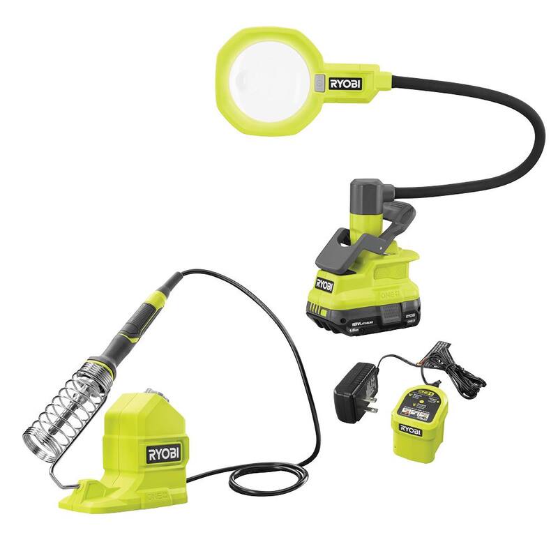 Kit combinado inalámbrico de 2 herramientas RYOBI ONE+ 18V con soldadora de 120W, lámpara de pinza con lupa y LED, batería de 1.5 Ah y cargador - PCL946B-PCL664K1N