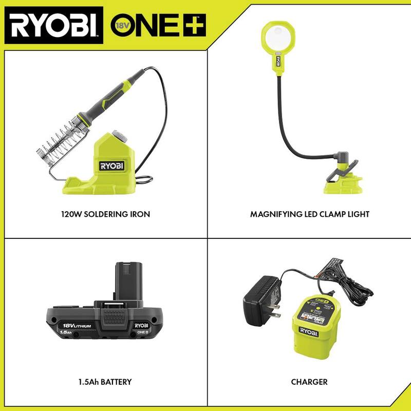 Kit combinado inalámbrico de 2 herramientas RYOBI ONE+ 18V con soldadora de 120W, lámpara de pinza con lupa y LED, batería de 1.5 Ah y cargador - PCL946B-PCL664K1N