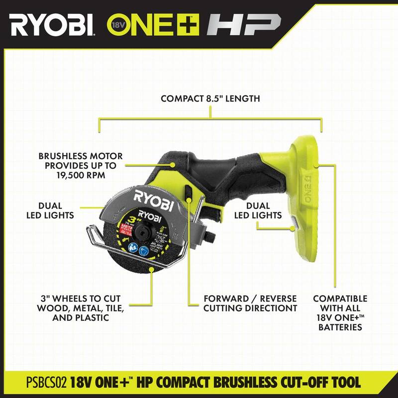 Juego de combo de 2 herramientas compactas sin escobillas RYOBI ONE+ HP 18V con esmeriladora de ángulo recto y herramienta de corte (solo herramientas) - PSBDG01B-PSBCS02B