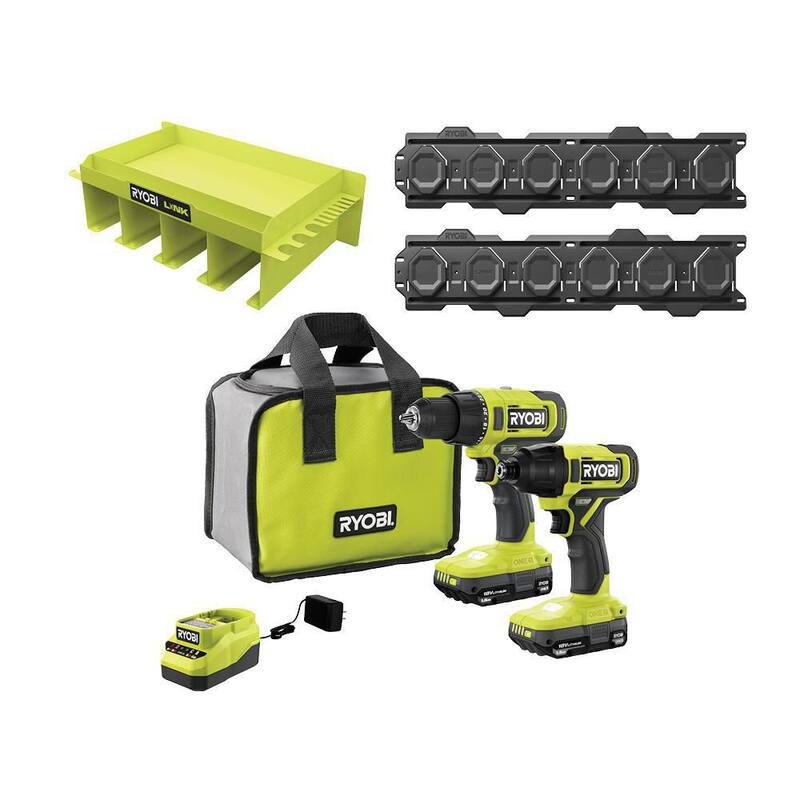 RYOBI ONE+ 18V Kit Combinado Inalámbrico de 2 Herramientas con Taladro/Atornillador, Impacto, Baterías, Cargador, Estante Organizador LINK y Rieles de Pared - PCL1200K2-STM401-STM504