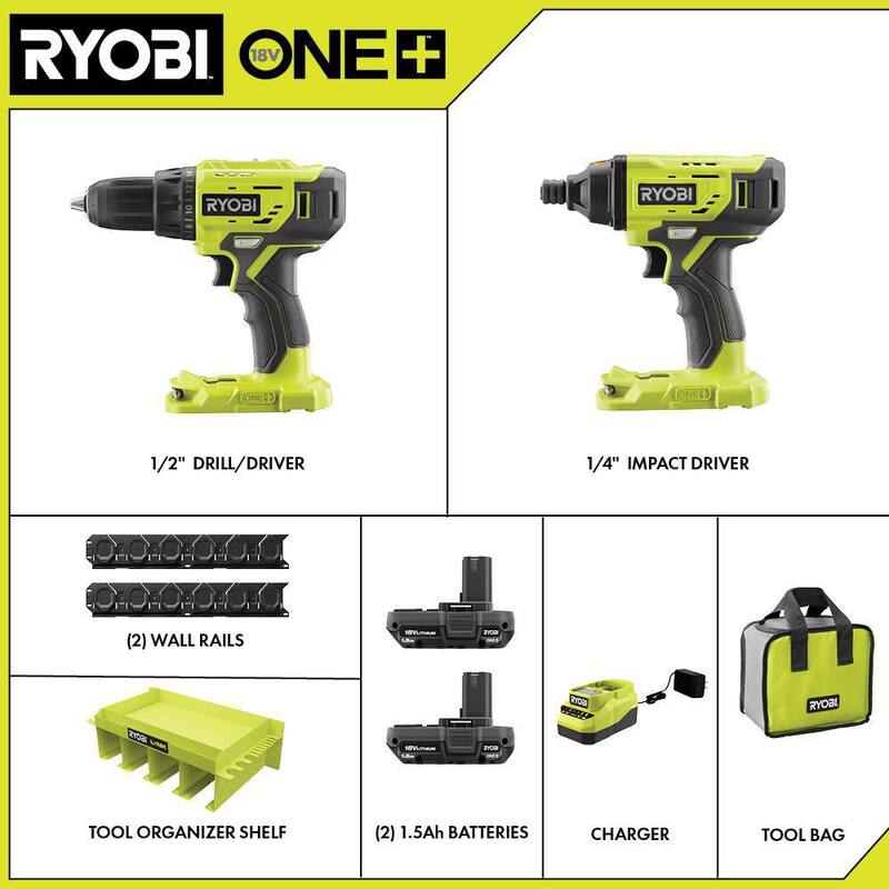 RYOBI ONE+ 18V Kit Combinado Inalámbrico de 2 Herramientas con Taladro/Atornillador, Impacto, Baterías, Cargador, Estante Organizador LINK y Rieles de Pared - PCL1200K2-STM401-STM504
