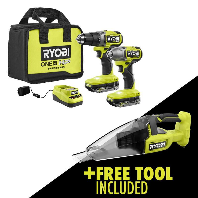 RYOBI ONE+ HP 18V Kit de Combo Inalámbrico sin Escobillas de 2 Herramientas con (2) Baterías de 2.0 Ah, Cargador, Bolsa y Aspiradora Manual Inalámbrica GRATIS - PBLCK01K-PCL705B