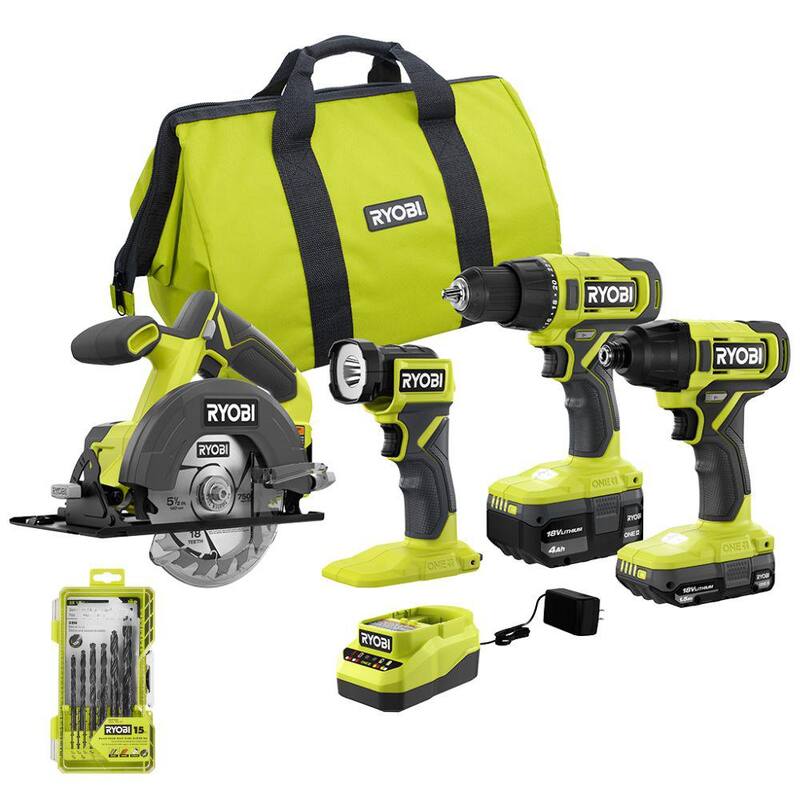 RYOBI ONE+ 18V Juego de 4 herramientas inalámbricas con batería de 1.5 Ah, batería de 4.0 Ah, cargador y juego de 15 brocas de taladro de vástago redondo - PCL1400K2-A971502