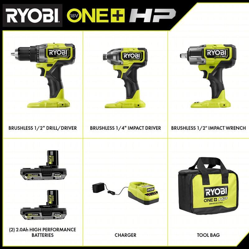 RYOBI ONE+ HP 18V Juego de Herramientas Inalámbricas sin Escobillas de 3 piezas con Taladro/Atornillador, Atornillador de Impacto, Llave de Impacto, Baterías, Cargador y Bolsa - PBLCK01K-P262
