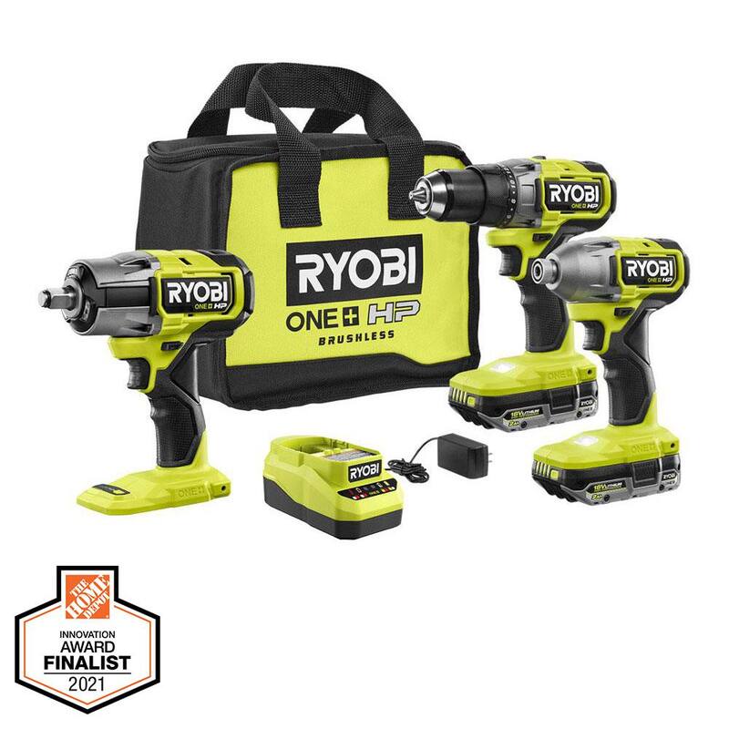 RYOBI ONE+ HP 18V Juego de Herramientas Inalámbricas sin Escobillas de 3 piezas con Taladro/Atornillador, Atornillador de Impacto, Llave de Impacto, Baterías, Cargador y Bolsa - PBLCK01K-P262