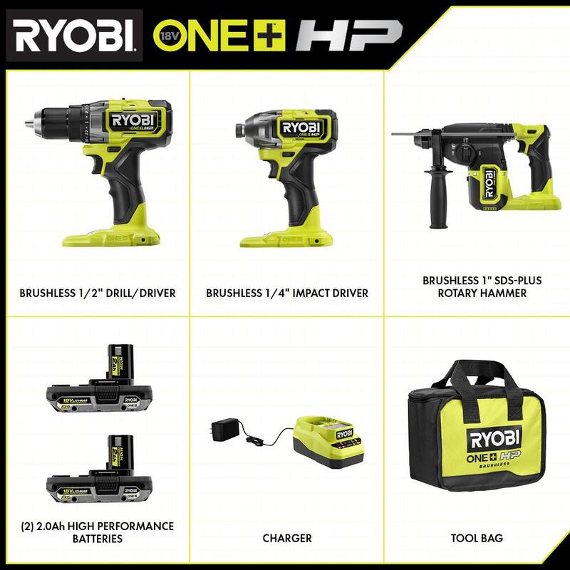 RYOBI ONE+ HP 18V Juego de Combo Inalámbrico sin Escobillas de 3 Herramientas con Taladro/Atornillador, Atornillador de Impacto, Martillo Rotativo, Baterías, Cargador y Bolsa - PBLCK01K-P223