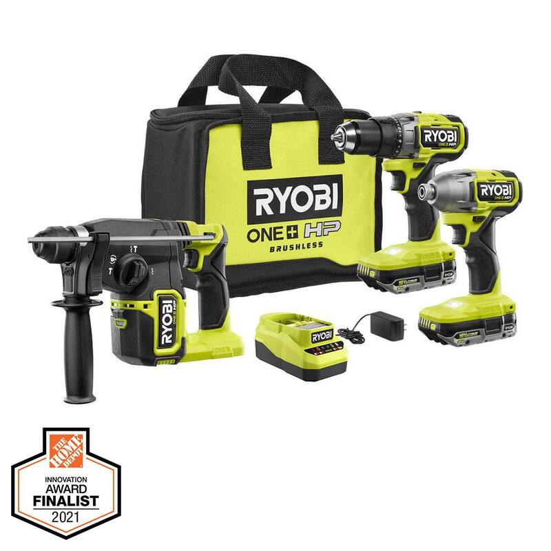 RYOBI ONE+ HP 18V Juego de Combo Inalámbrico sin Escobillas de 3 Herramientas con Taladro/Atornillador, Atornillador de Impacto, Martillo Rotativo, Baterías, Cargador y Bolsa - PBLCK01K-P223