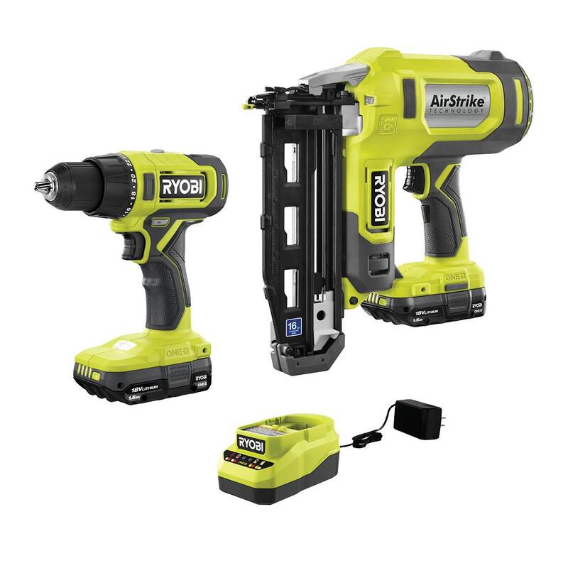 RYOBI ONE+ 18V Kit de Combo Inalámbrico de 2 Herramientas con Taladro/Atornillador de 1/2 pulg., Clavadora de Acabado de Calibre 16, (2) Baterías de 1.5 Ah y Cargador - P326-PCL206K2