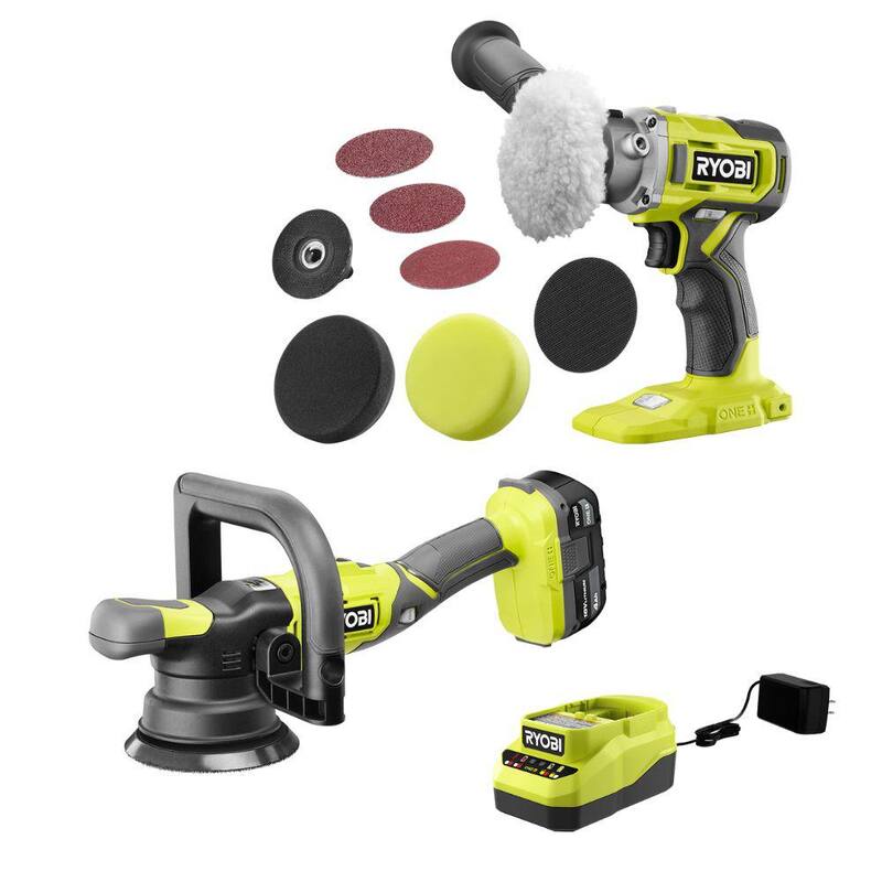 RYOBI ONE+ 18V Juego de Combo Inalámbrico de 2 Herramientas con Pulidora/Lijadora de Detalle de 3 pulgadas y Pulidora de Doble Acción de 5 pulgadas, Batería de 4.0 Ah y Cargador - PBF102B-PBF100K
