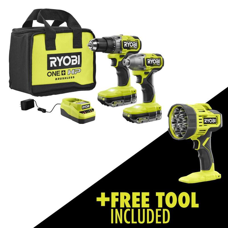 RYOBI ONE+ HP 18V sin Escobillas Inalámbrico Combo de 2 Herramientas con (2) Baterías de 2.0 Ah, Cargador, Bolsa y Linterna LED Inalámbrica GRATIS - PBLCK01K-PCL661B