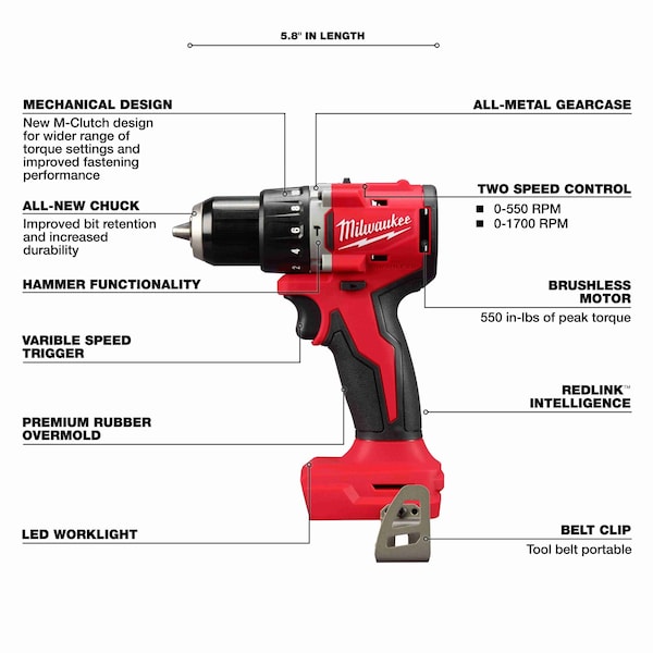 Milwaukee Tool M18 Compact Brushless 2-Tool Kit, Hammer Drill & Impact Driver, 2 Batteries, M18 & M12 Charger, Bag - 3693-22CX