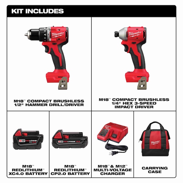 Milwaukee Tool M18 Compact Brushless 2-Tool Kit, Hammer Drill & Impact Driver, 2 Batteries, M18 & M12 Charger, Bag - 3693-22CX