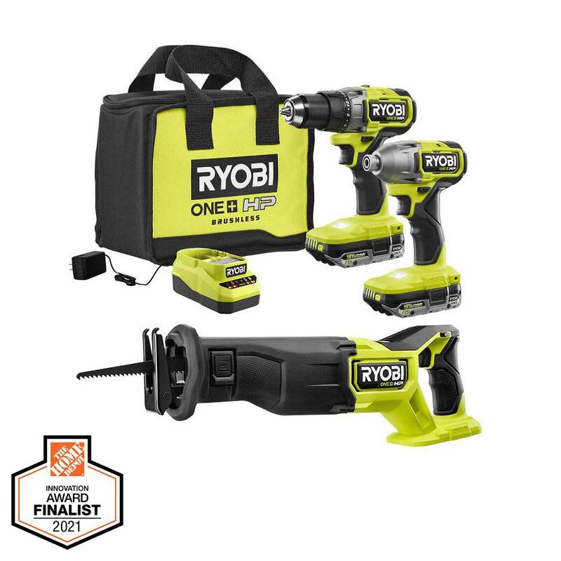 RYOBI ONE+ HP 18V Brushless Cordless 3-Tool Combo Kit w/Drill/Driver, Impact Driver, Recip Saw, Batteries, Charger, & Bag - PBLCK01K-PBLRS01B