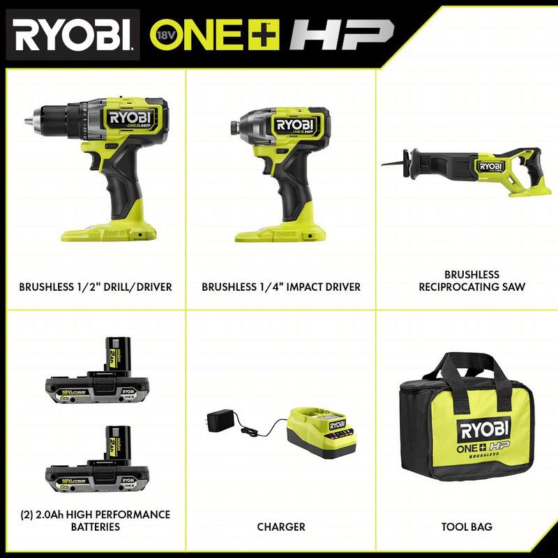 RYOBI ONE+ HP 18V Brushless Cordless 3-Tool Combo Kit w/Drill/Driver, Impact Driver, Recip Saw, Batteries, Charger, & Bag - PBLCK01K-PBLRS01B