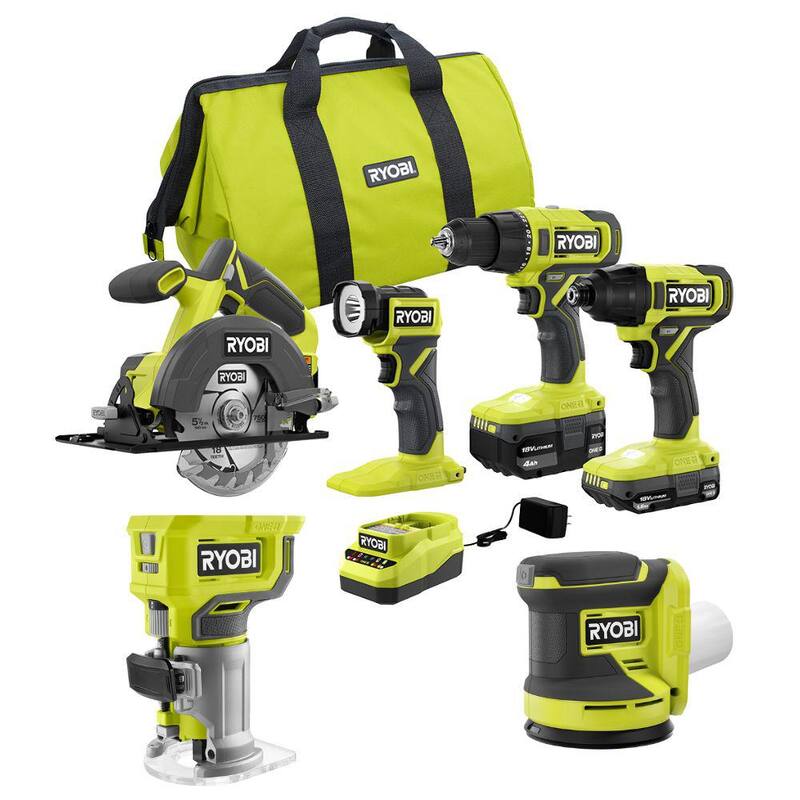 RYOBI ONE+ 18V Cordless 4-Tool Combo Kit con batería de 1.5 Ah, batería de 4.0 Ah, cargador, y Kit de Router y Lijadora - PCL1400K2-PCL406424SB