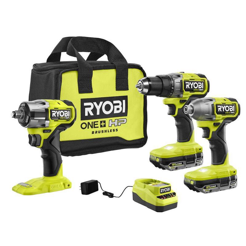 RYOBI ONE+ HP 18V Juego de herramientas inalámbricas sin escobillas de 2 herramientas con (2) Baterías de 2.0 Ah, Cargador, Bolsa y Llave de impacto de 1/2 pulgadas con 4 modos - PBLCK01K-PSBIW25B.