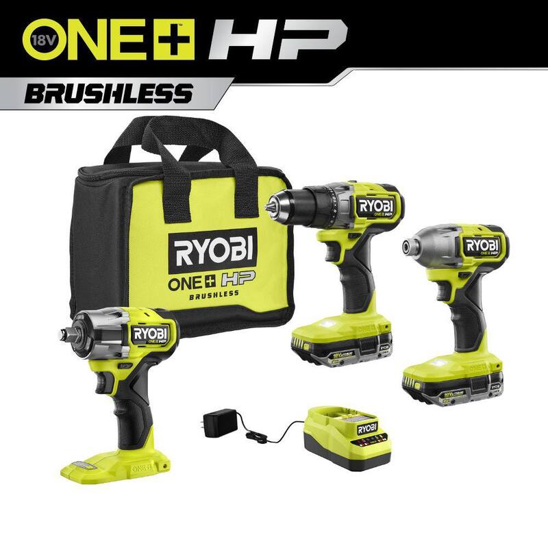 RYOBI ONE+ HP 18V Juego de herramientas inalámbricas sin escobillas de 2 herramientas con (2) Baterías de 2.0 Ah, Cargador, Bolsa y Llave de impacto de 1/2 pulgadas con 4 modos - PBLCK01K-PSBIW25B.