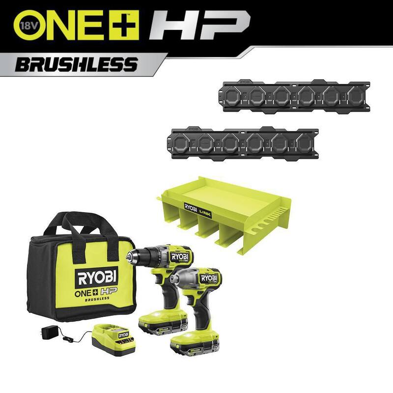 RYOBI ONE+ HP 18V Kit de Combo Inalámbrico Brushless de 2 Herramientas con Baterías, Cargador, Bolsa, Estante Organizador de Herramientas LINK y Rieles de Pared - PBLCK01K-STM401-STM504