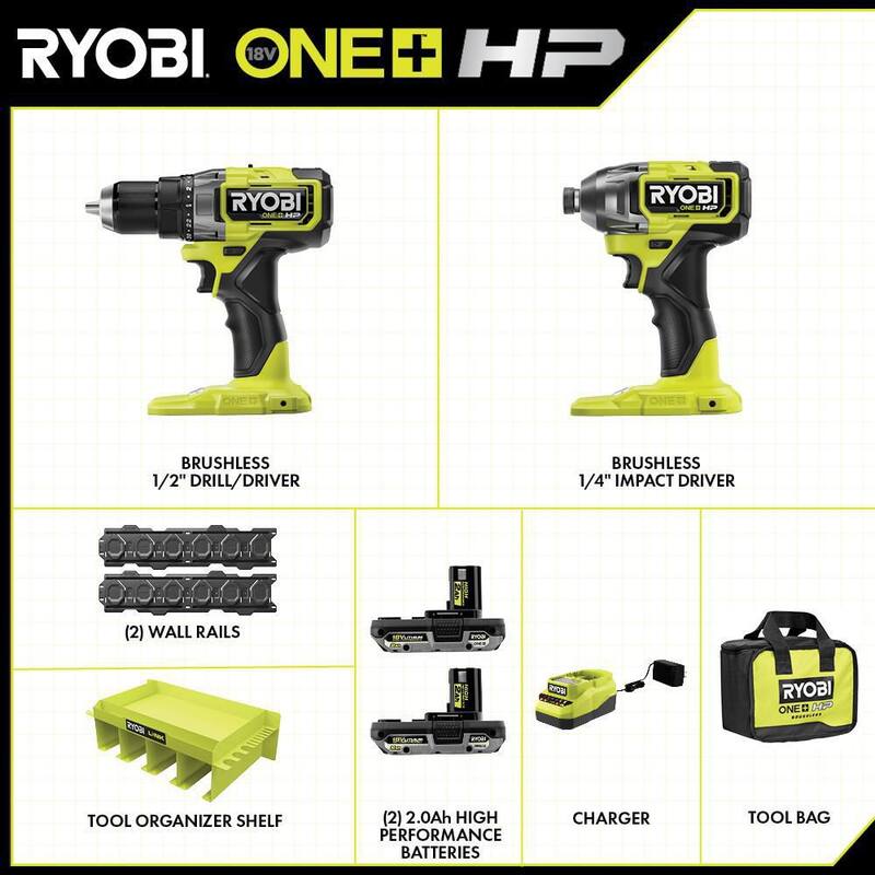 RYOBI ONE+ HP 18V Kit de Combo Inalámbrico Brushless de 2 Herramientas con Baterías, Cargador, Bolsa, Estante Organizador de Herramientas LINK y Rieles de Pared - PBLCK01K-STM401-STM504