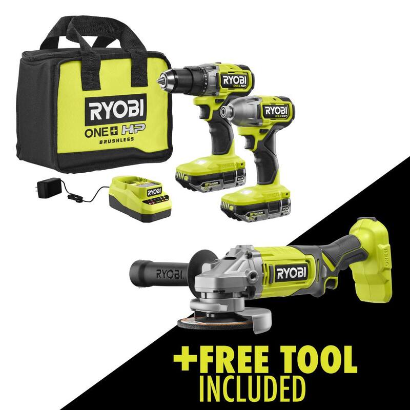 RYOBI ONE+ HP 18V Brushless Cordless 2-Tool Combo Kit con (2) baterías de 2.0 Ah, cargador, bolsa y ¡una Amoladora Angular de 4-1/2 pulgadas GRATIS! - PBLCK01K-PCL445B