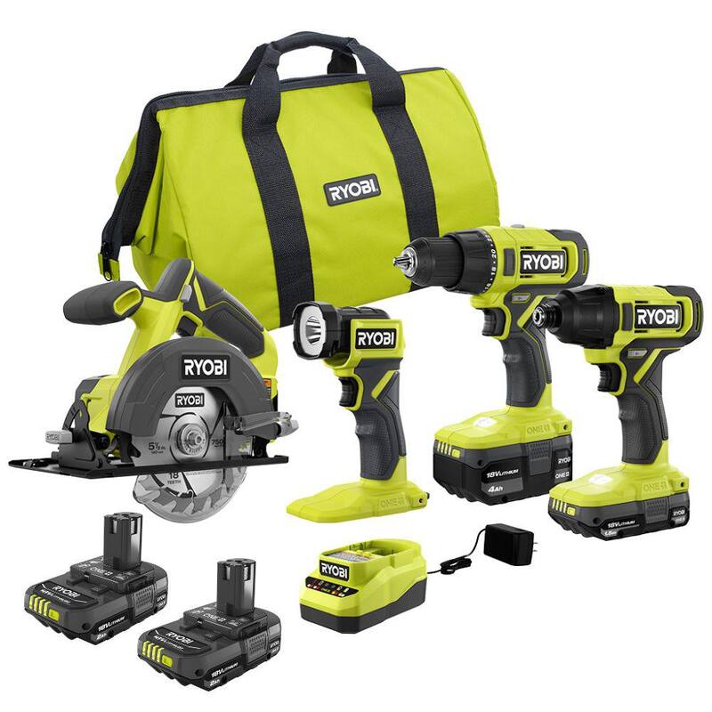 RYOBI ONE+ 18V Cordless 4-Tool Combo Kit con batería de 1.5 Ah, batería de 4.0 Ah, cargador y batería GRATIS de 2.0 Ah (paquete de 2) - PCL1400K2-PBP2006