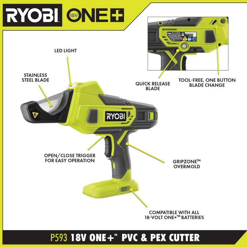 Sierra de banda portátil inalámbrica de 18V ONE+ de RYOBI y cortador de PVC y PEX (solo herramientas) - P590-P593