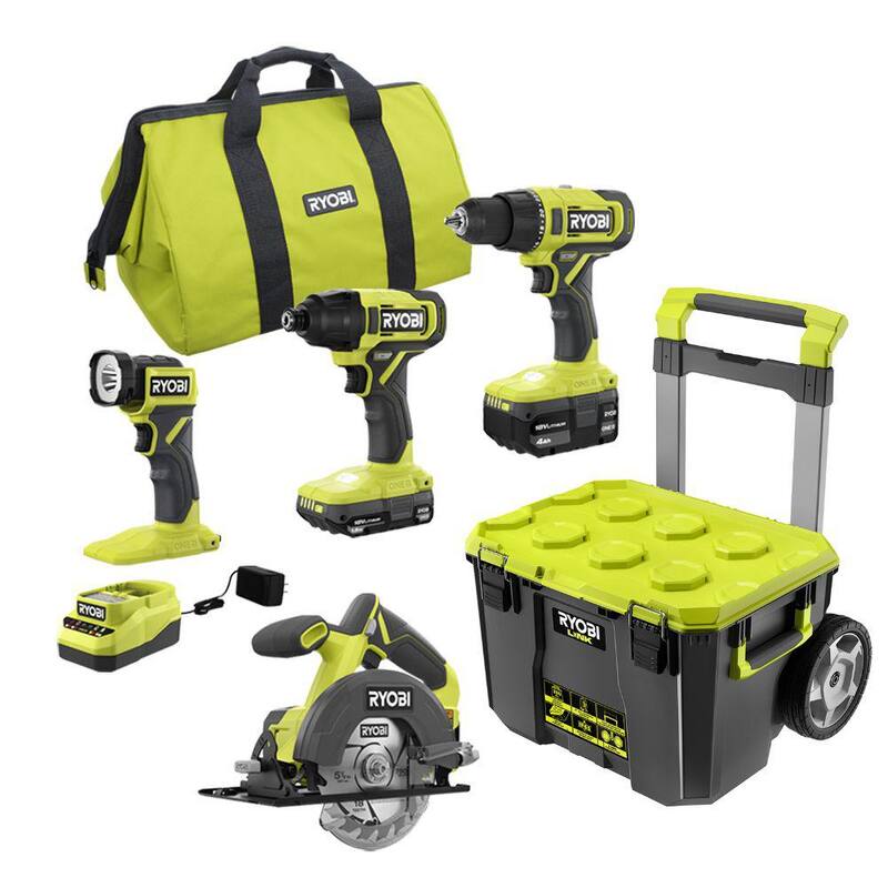RYOBI ONE+ Kit Combo de 4 herramientas inalámbricas de 18V con batería de 1.5 Ah, batería de 4.0 Ah, cargador y caja de herramientas rodante LINK - PCL1400K2-STM201
