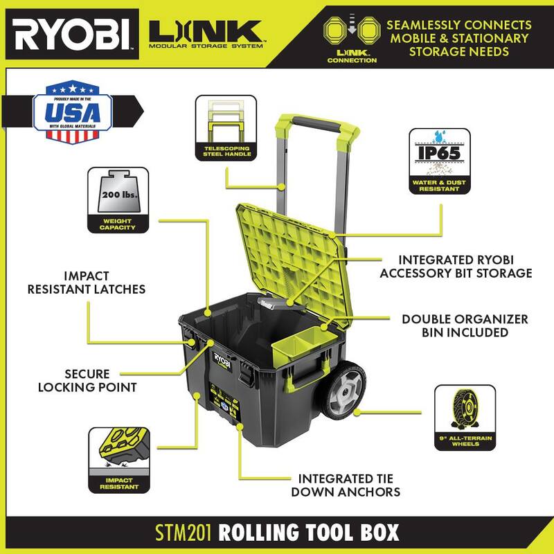 RYOBI ONE+ Kit Combo de 4 herramientas inalámbricas de 18V con batería de 1.5 Ah, batería de 4.0 Ah, cargador y caja de herramientas rodante LINK - PCL1400K2-STM201