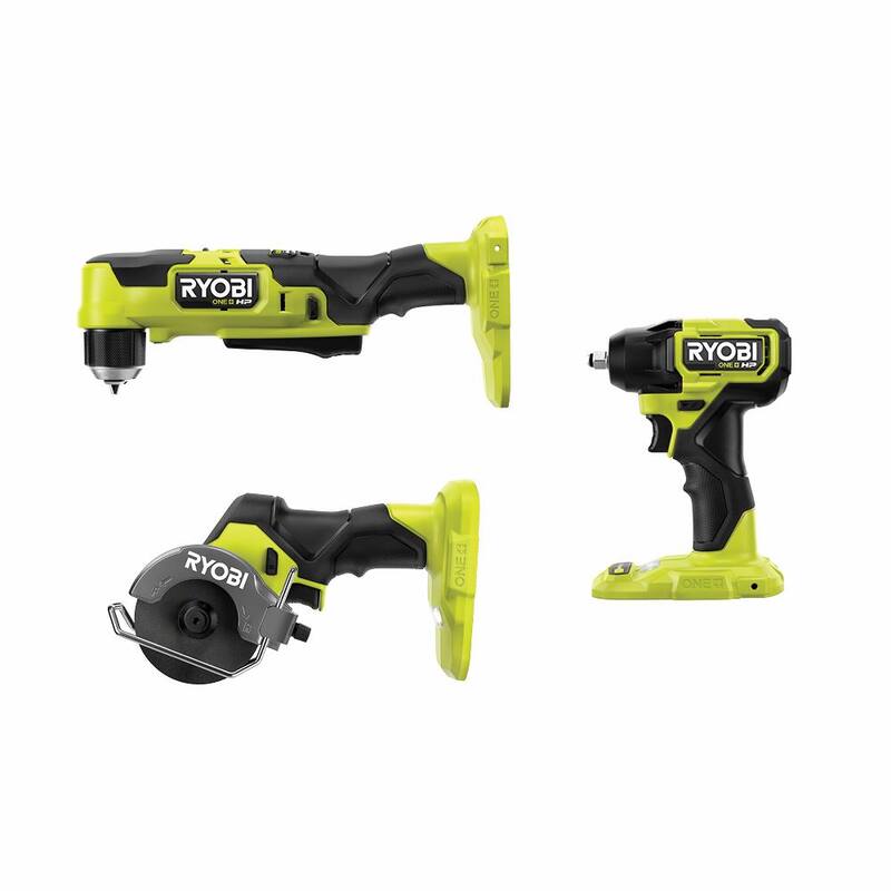 RYOBI ONE+ HP 18V Taladro angular recto inalámbrico compacto sin escobillas de 3/8 in, Llave de impacto de 3/8 in y Herramienta de corte (Solo herramientas) - PSBRA02B-PSBIW01B-PSBCS02B