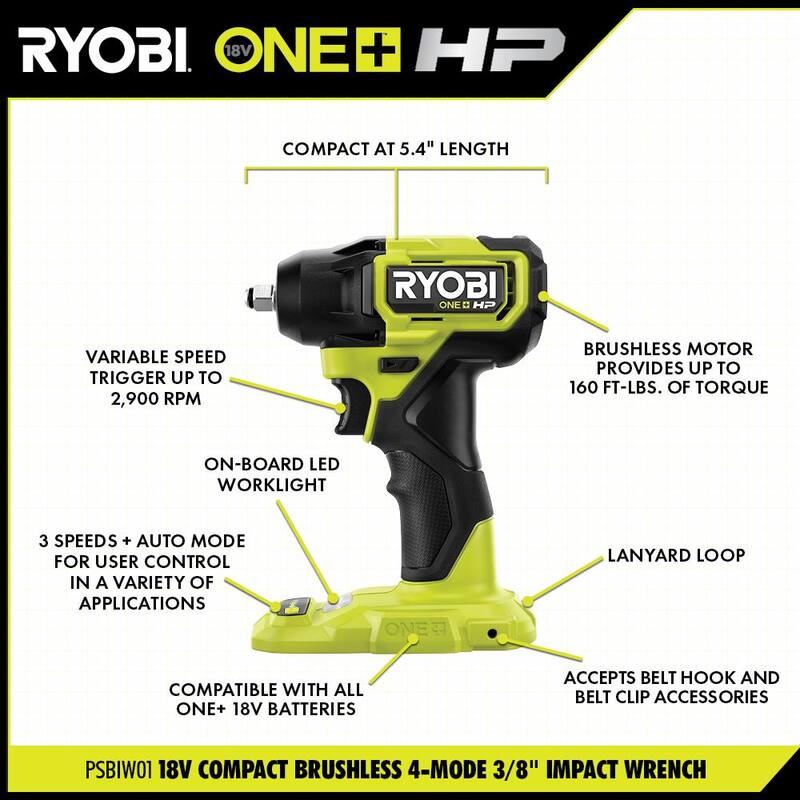 RYOBI ONE+ HP 18V Taladro angular recto inalámbrico compacto sin escobillas de 3/8 in, Llave de impacto de 3/8 in y Herramienta de corte (Solo herramientas) - PSBRA02B-PSBIW01B-PSBCS02B