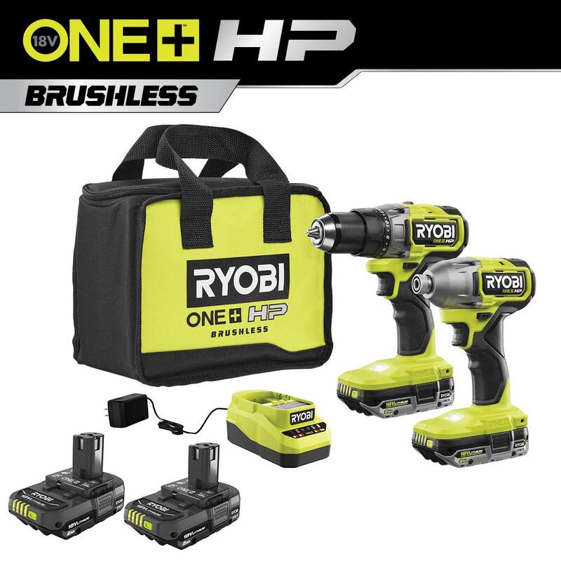 RYOBI ONE+ HP 18V Juego de Taladro/Atornillador Inalámbrico sin escobillas de 1/2 pulgadas y Llave de Impacto con (4) Baterías de 2.0 Ah, Cargador y Bolsa - PBLCK01K-PBP2006