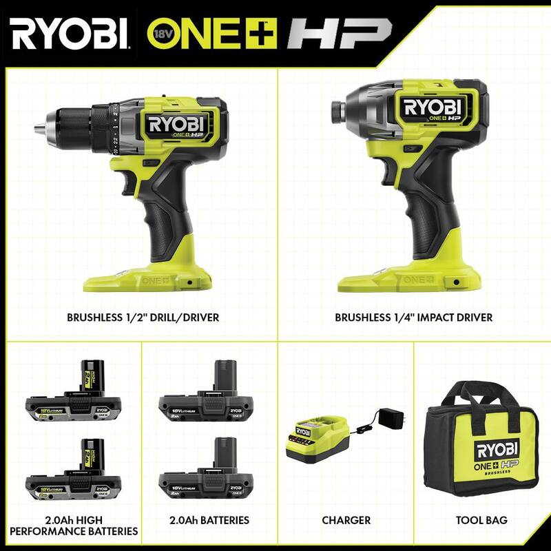 RYOBI ONE+ HP 18V Juego de Taladro/Atornillador Inalámbrico sin escobillas de 1/2 pulgadas y Llave de Impacto con (4) Baterías de 2.0 Ah, Cargador y Bolsa - PBLCK01K-PBP2006