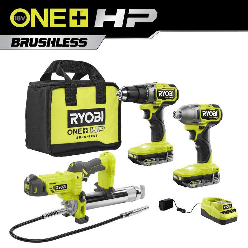 RYOBI ONE+ HP 18V Brushless Cordless 2-Tool Combo Kit con (2) baterías de 2.0 Ah, cargador, bolsa y pistola para grasa - PBLCK01K-P3410
