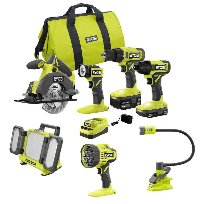 RYOBI ONE+ 18V Kit Combo de 4 herramientas inalámbricas con batería de 1.5 Ah, batería de 4.0 Ah, cargador y kit de iluminación de 3 herramientas - PCL1400K2-PCL1308B