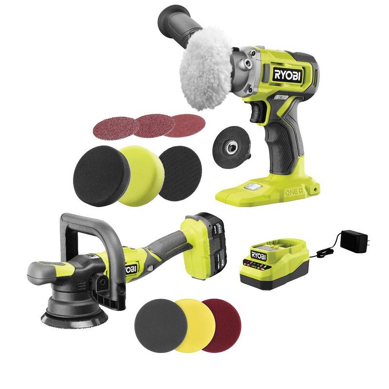 RYOBI ONE+ 18V Juego de Combo Inalámbrico de 2 Herramientas con Pulidora de 5 pulgadas, Pulidora/Lijadora de 3 pulgadas, Batería de 4.0 Ah y Cargador - PBF100K-PBF102B