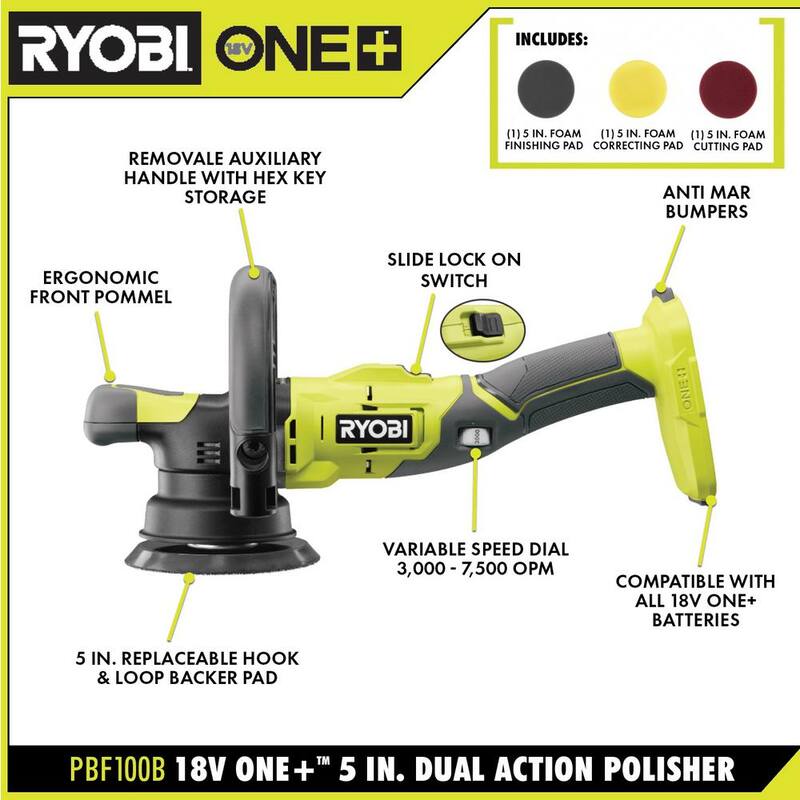 RYOBI ONE+ 18V Juego de Combo Inalámbrico de 2 Herramientas con Pulidora de 5 pulgadas, Pulidora/Lijadora de 3 pulgadas, Batería de 4.0 Ah y Cargador - PBF100K-PBF102B