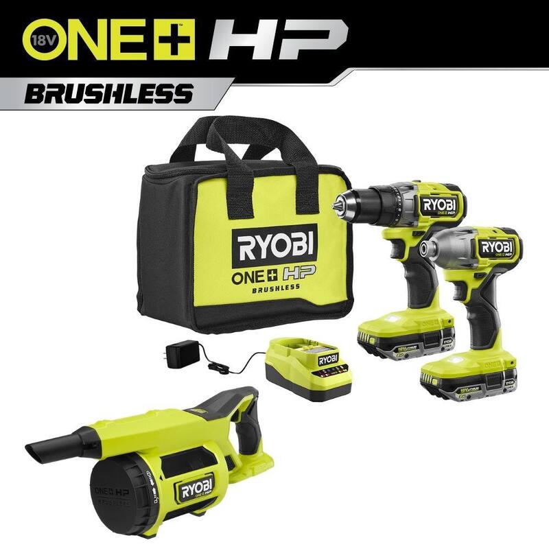 Kit combinado inalámbrico RYOBI ONE+ HP 18V Brushless de 2 herramientas con baterías de 2.0 Ah, cargador, bolsa y aspiradora manual para el sitio de trabajo.