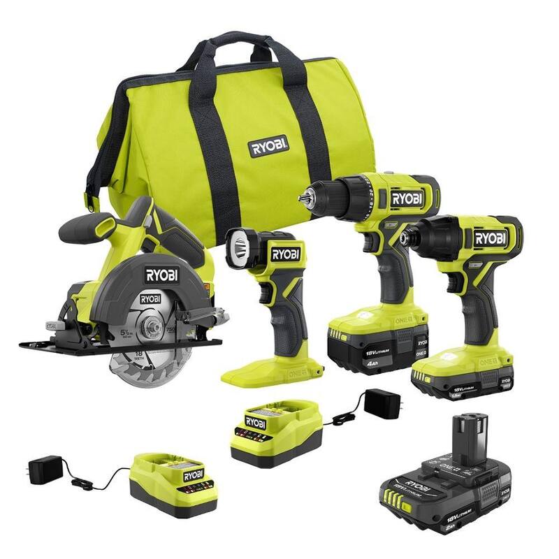 Kit combo inalámbrico de 4 herramientas RYOBI ONE+ 18V con batería de 1.5 Ah, batería de 4.0 Ah y cargador con batería de 2.0 Ah y cargador - PCL1400K2-PSK005