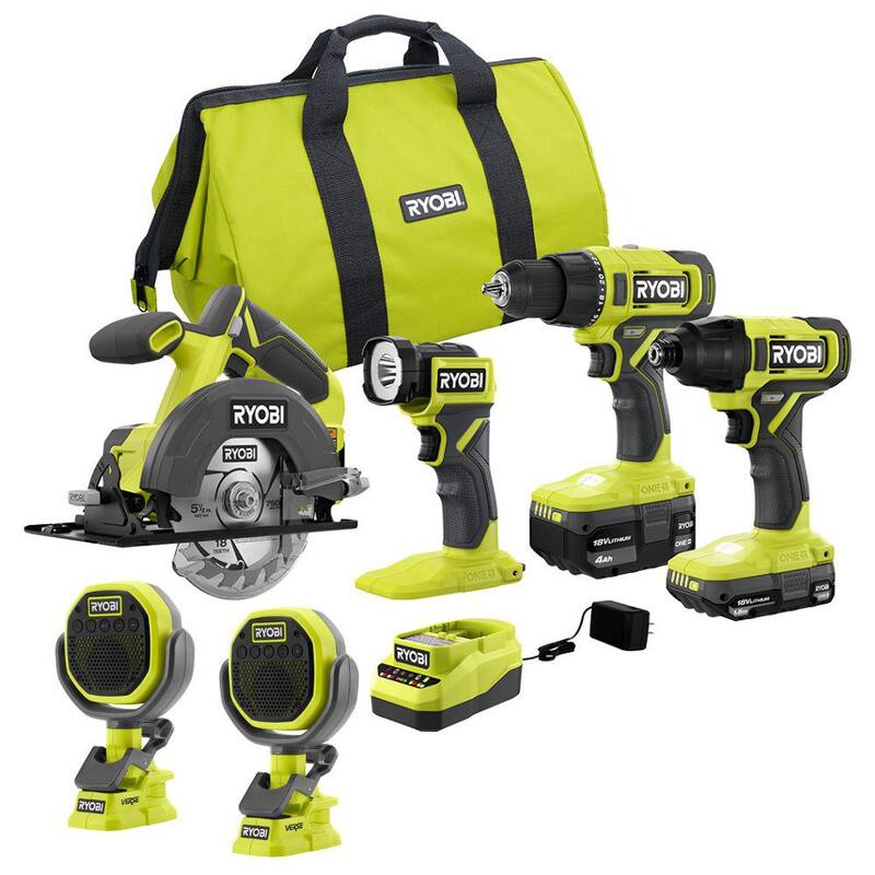 RYOBI ONE+ 18V Kit de Combinación Inalámbrico de 4 Herramientas con Batería de 1.5 Ah, Batería de 4.0 Ah, Cargador y Altavoz de Abrazadera (Paquete de 2) - PCL1400K2-PCL6152P