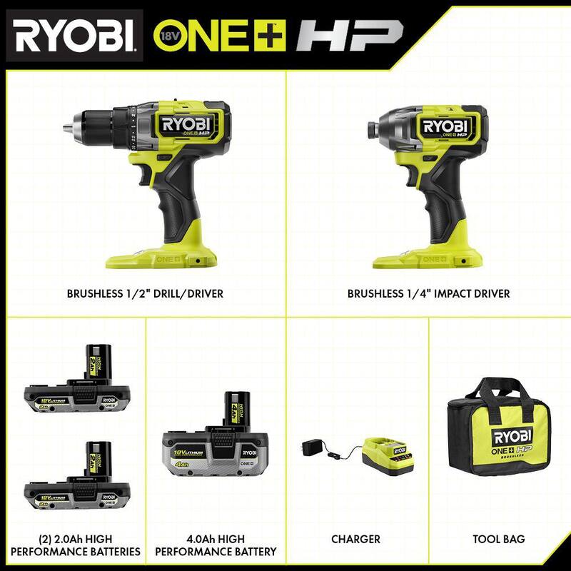 RYOBI ONE+ HP 18V Brushless Cordless 3-Tool Combo Kit w/Drill/Driver, Impact Driver, 4.0 Ah Battery, Batteries, Charger & Bag - PBLCK01K-PBP004