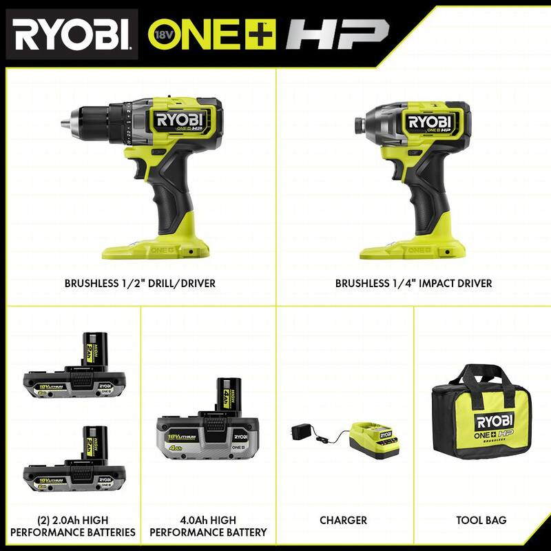 RYOBI ONE+ HP 18V Brushless Cordless 3-Tool Combo Kit w/Drill/Driver, Impact Driver, 4.0 Ah Battery, Batteries, Charger & Bag - PBLCK01K-PBP004