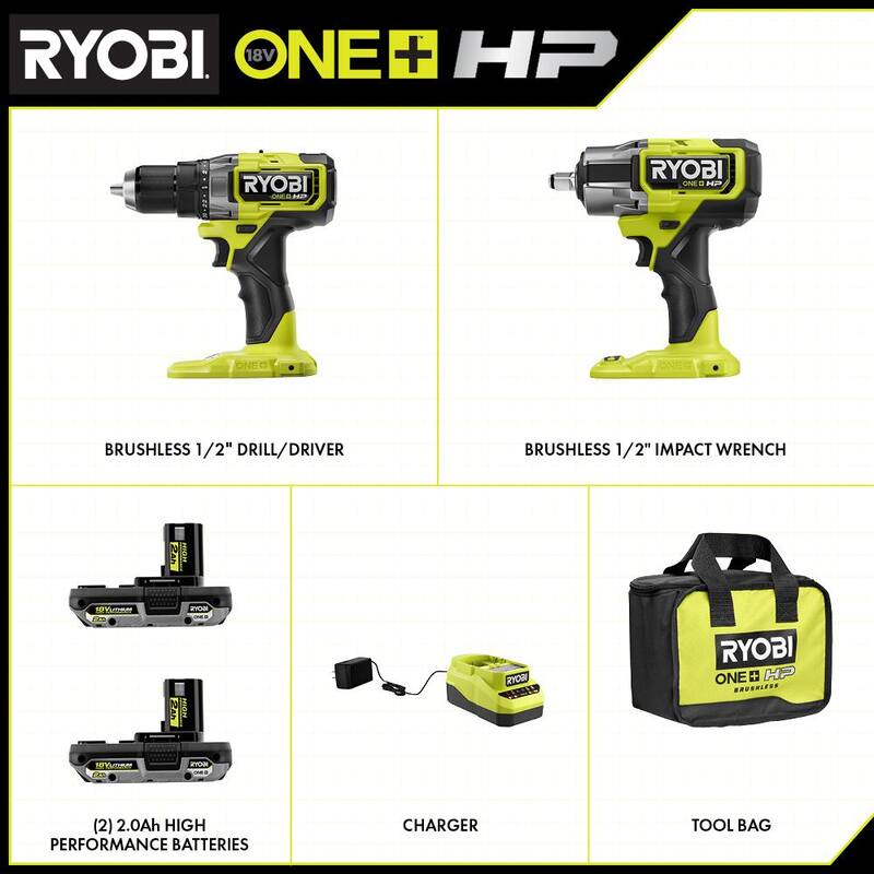 RYOBI ONE+ HP 18V Brushless Cordless 2-Tool Combo Kit with Drill/Driver, Impact Wrench, Batteries, Charger, and Bag - PBLDD01K-P262