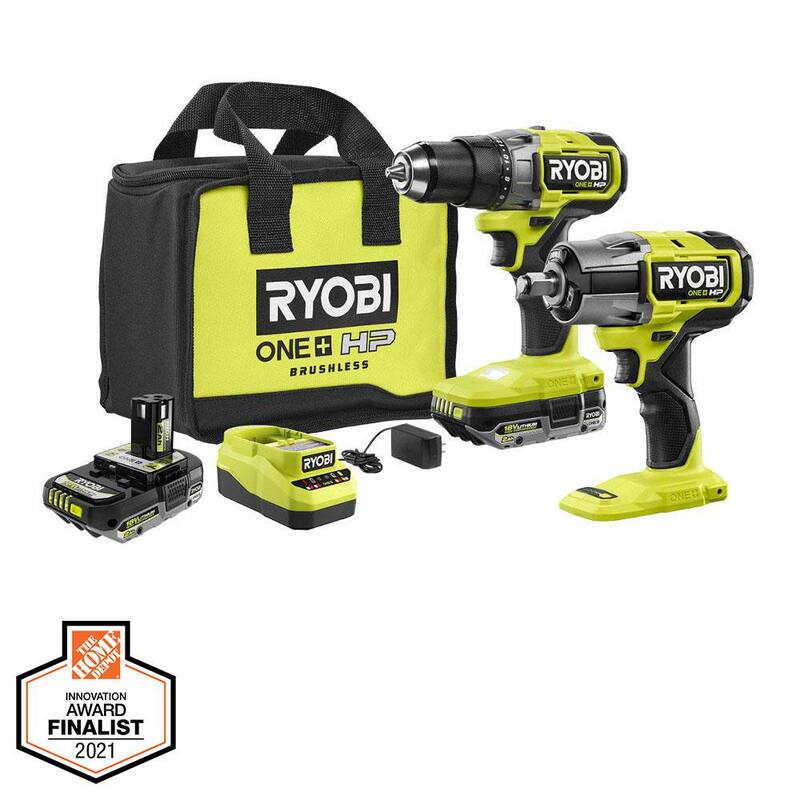 RYOBI ONE+ HP 18V Brushless Cordless 2-Tool Combo Kit with Drill/Driver, Impact Wrench, Batteries, Charger, and Bag - PBLDD01K-P262