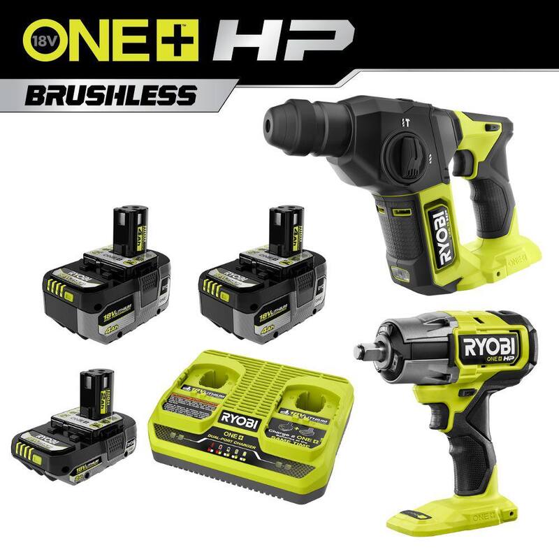 RYOBI ONE+ Kit HP de 18V con (2) baterías de 4.0Ah, 2.0Ah, cargador de 2 puertos, llave de impacto de 4 modos de 1/2" ONE+ y martillo rotativo SDS de 5/8" ONE+ - PSK023-P262-PSBRH01B